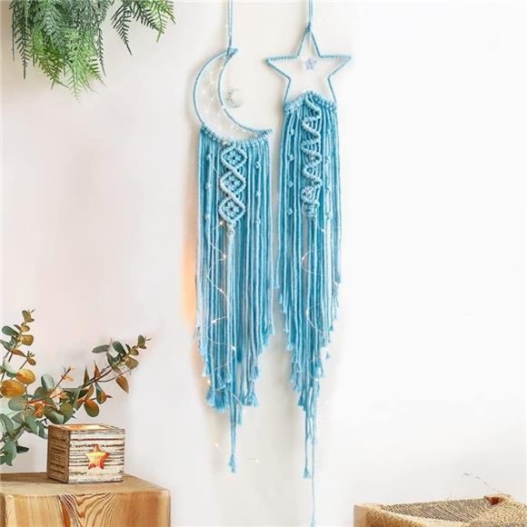 2pcs Blue Star and Moon Dream Catchers,Teen Girl Room Decor,Macrame Wall Hanging - Picture 6 of 6